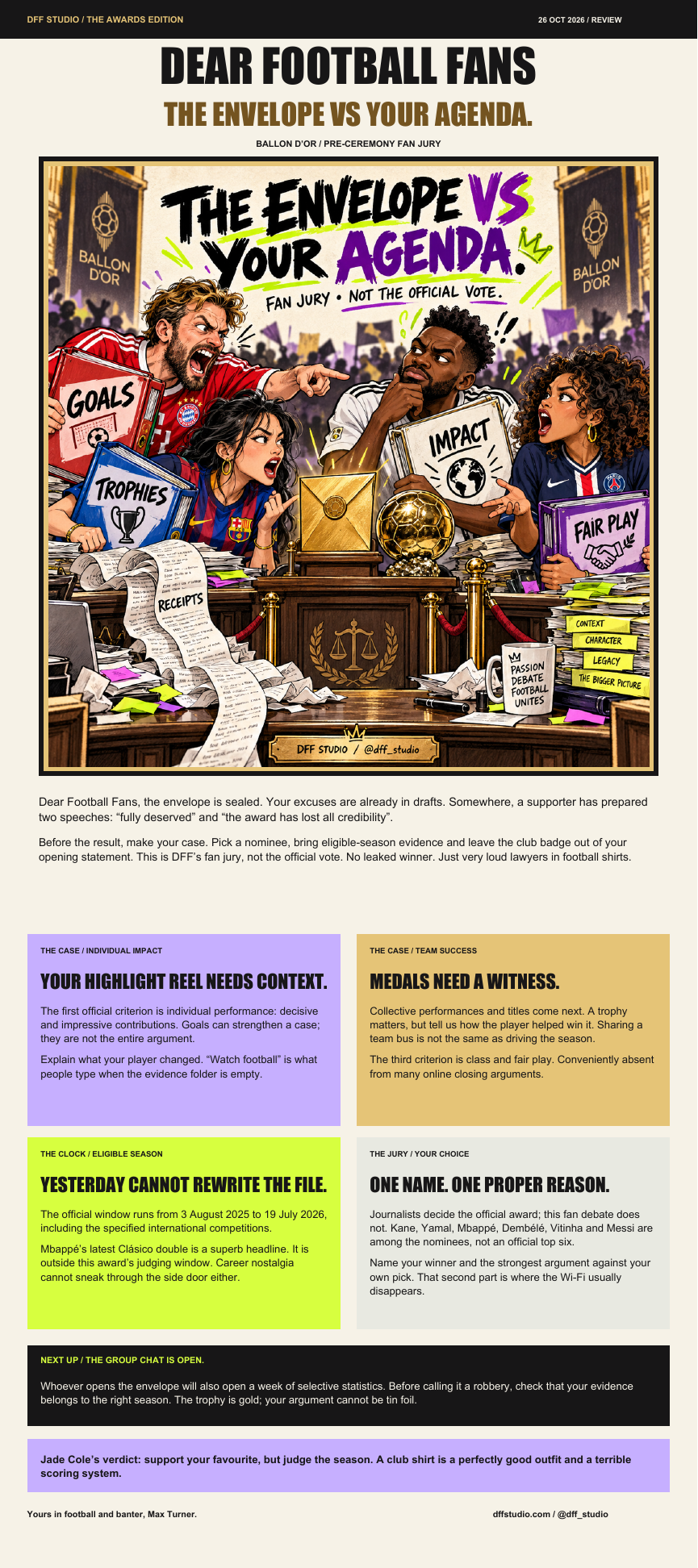 Dear Football Fans. The Envelope vs Your Agenda. Full Ballon d’Or fan-jury publication, 26 October 2026.