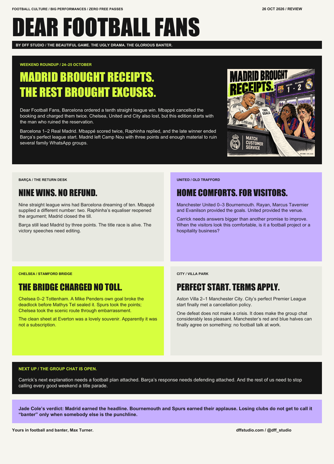 Dear Football Fans: Madrid brought receipts. The rest brought excuses. Weekend roundup, 26 October 2026.